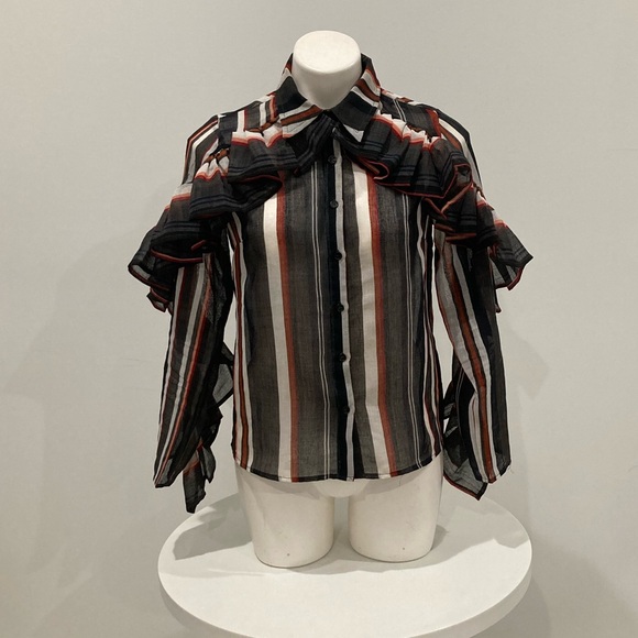 NEW GRACIA Black White Red Stripped Button Down Ruffle Blouse M - Picture 3 of 13